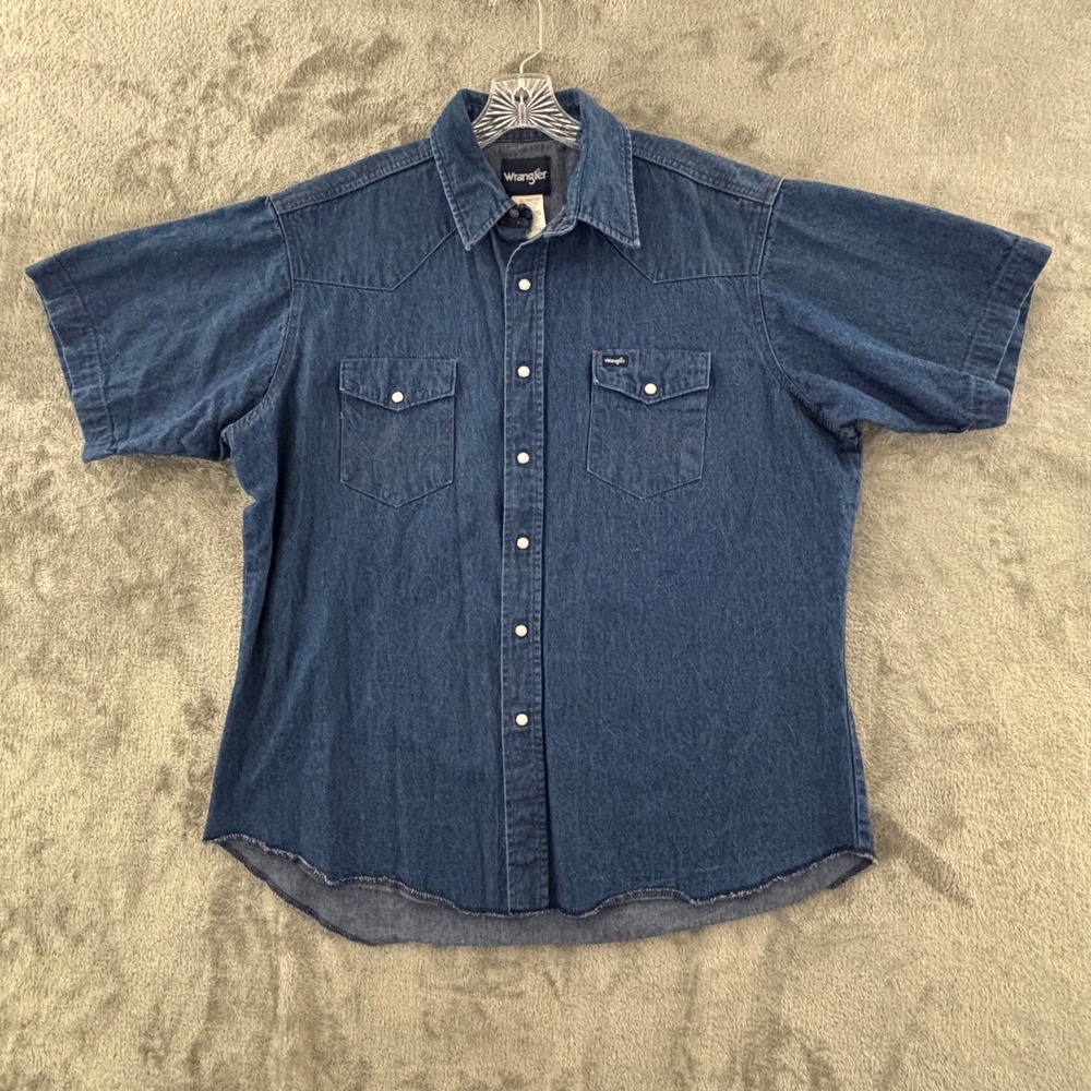 Wrangler Denim Short Sleeve Western Snap Shirt Mens XL Blue Work MS3127B‎